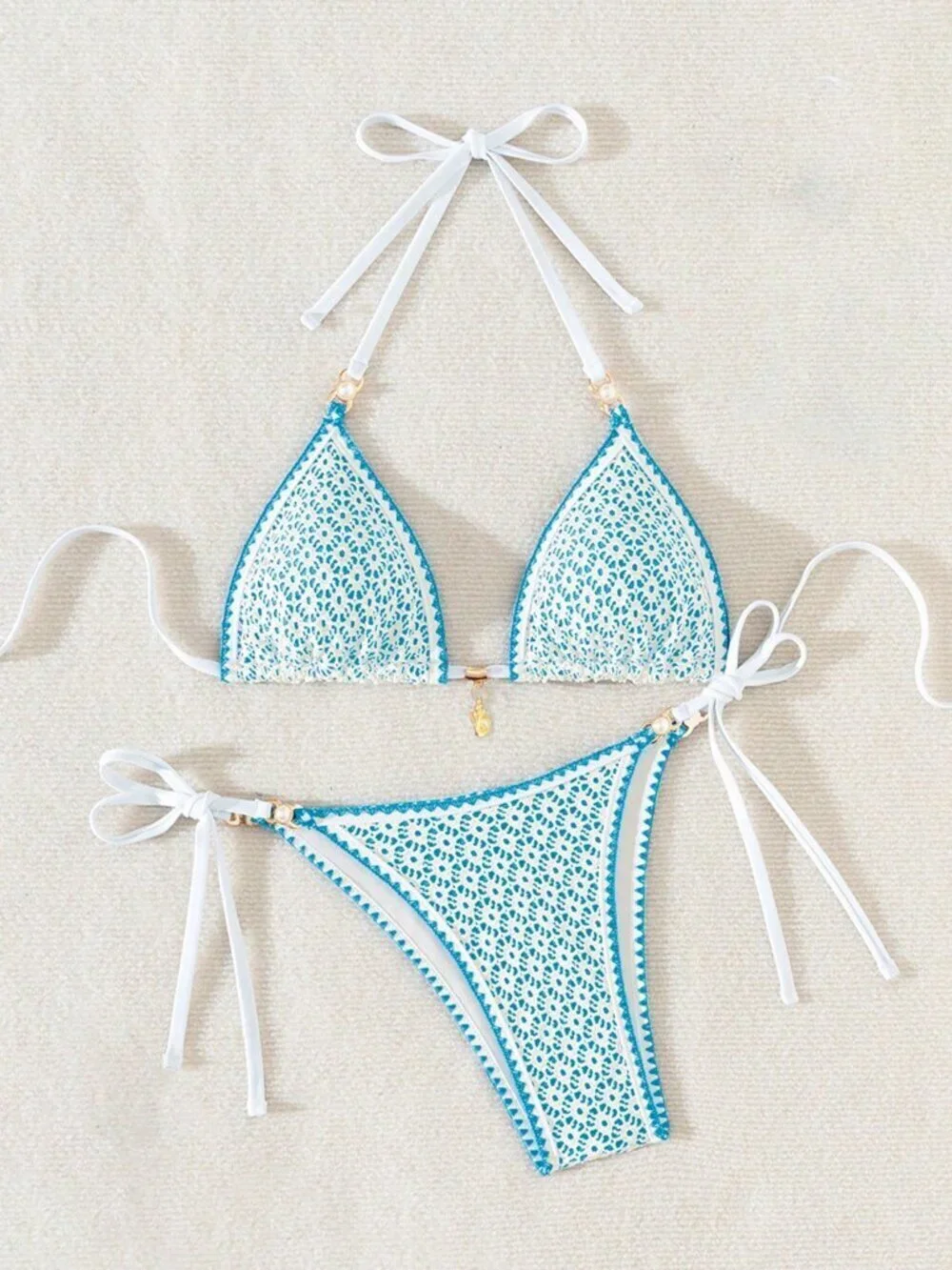 Baby Blue Women's Cute Sexy Beach Triangle Bikini with Shell & Pearl Details